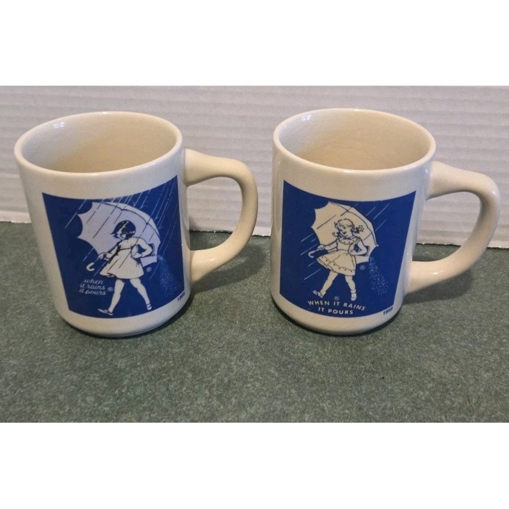 Vintage Morton Salt Girl Mugs ~ When It Rains It Pours ~ Set of 2: 1956 and 1968